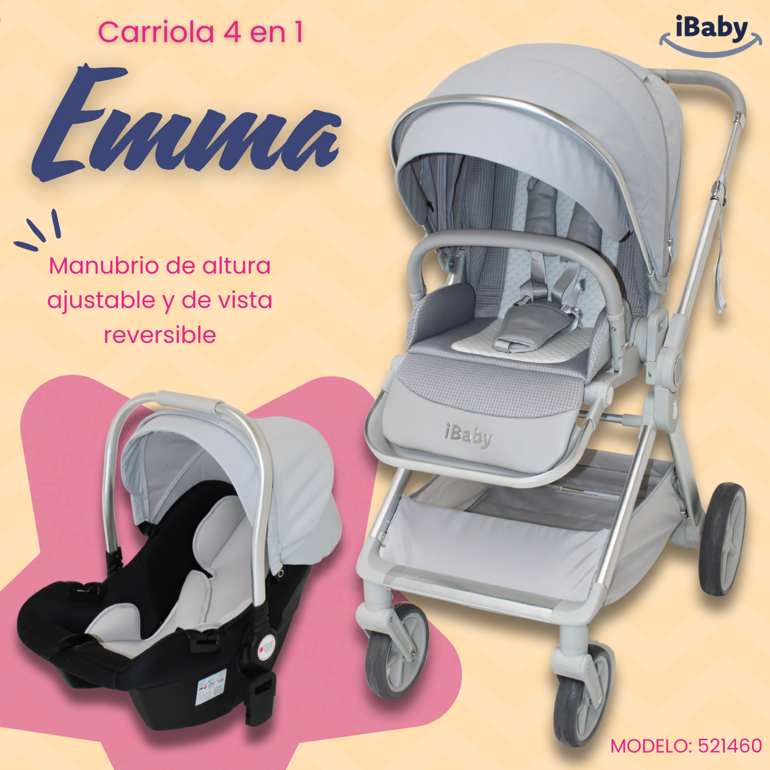 Carriola Ibaby Emma Elegante Mango Ajustable Y Reversible con portabebe